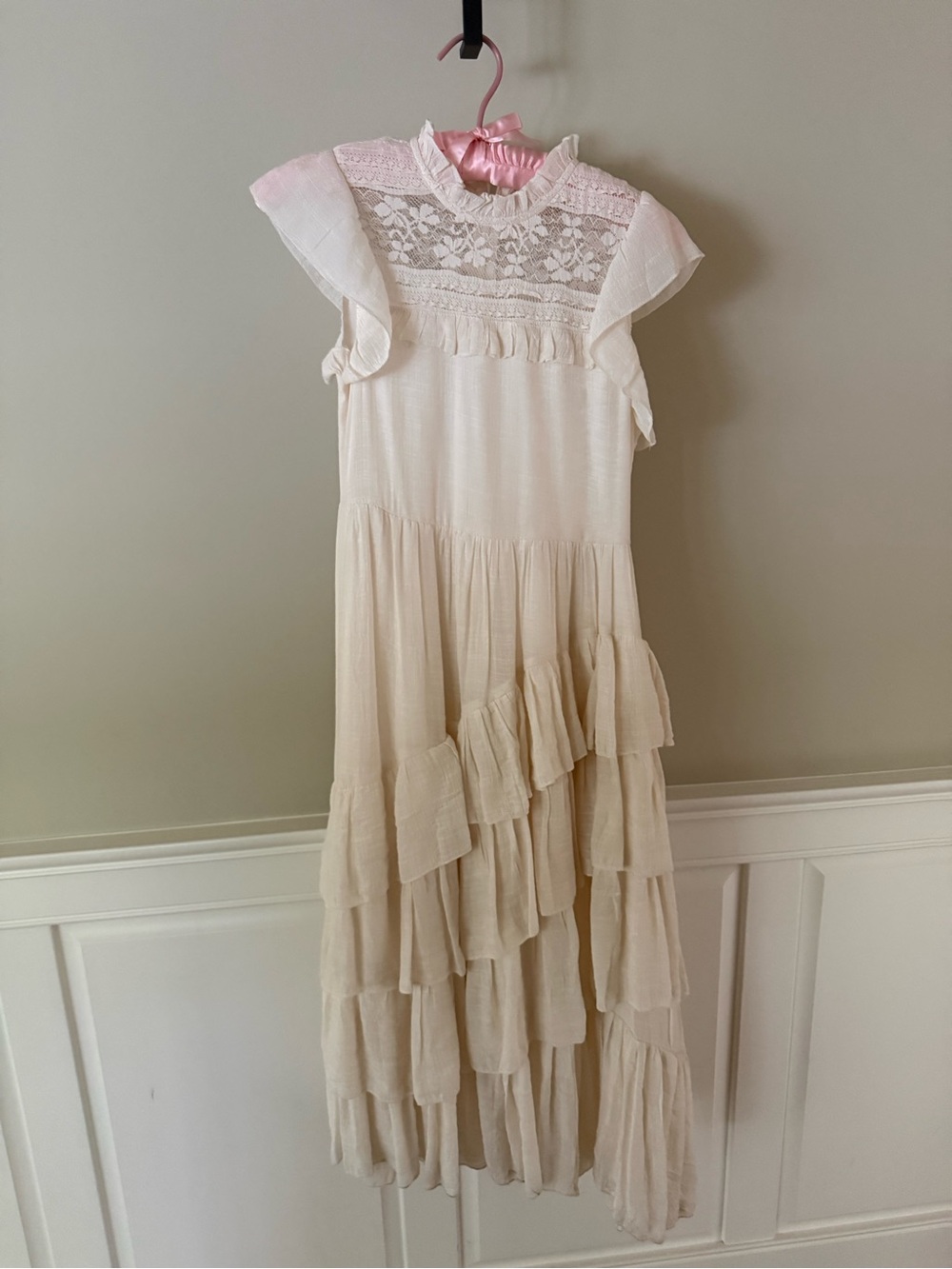 Joyfolie Cream Lace Yoke Ruffle Maxi Dress